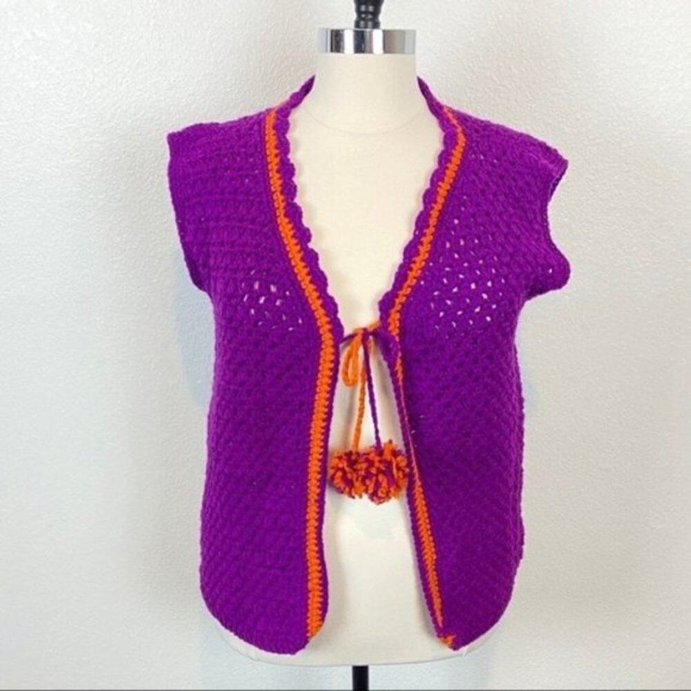 Sweater Vest Hand Knit Tie Front Funky Granny Style 70s Vintage Fits L-1X